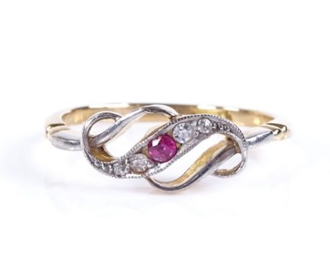 An 18ct gold 5-stone ruby and diamond crossover ring, platinum-topped, setting height 6.8mm, size Q, 2.9g 