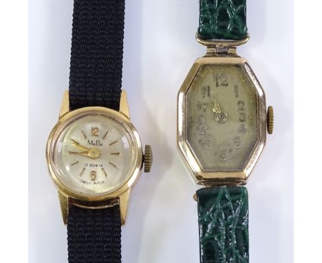 A lady's 18ct gold MuDu wristwatch, case width 16mm, together with a lady's 9ct gold Vintage octagonal wristwatch, case width