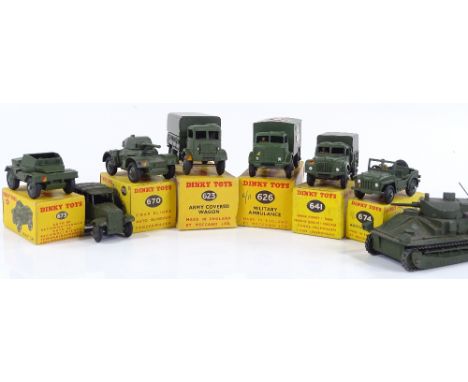 Dinky Meccano, 8 military vehicles, Armoured Car 670, Scout Car 673, Army Covered Wagon 623, Military Ambulance 626, Army One