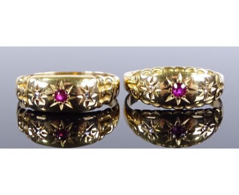 2 18ct gold 3-stone ruby and diamond rings, largest setting height 7.6mm, size N and P, 4.3g total (2) 