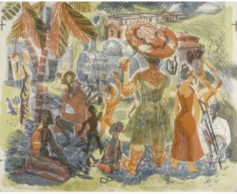 Alan Tabrum, lithograph, Caribbean scene circa 1940s, 13.5" x 17.5", mounted 