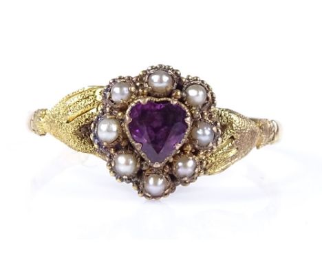 A Victorian 15ct gold heart-shaped amethyst and pearl cluster forget-me-not ring, with textured hand shoulders, maker's marks