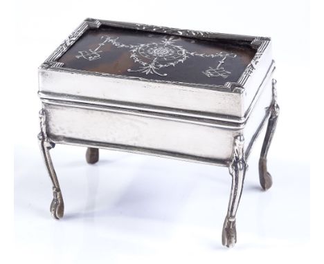 An Edwardian miniature silver and tortoiseshell picquet inlaid jewel box, by William Comyns &amp; Sons Ltd, hallmarks Birming