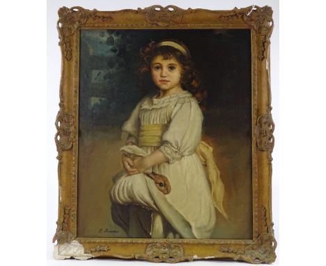 B Anderson, oil on canvas, portrait of a girl with a rabbit, 24" x 20", framed 