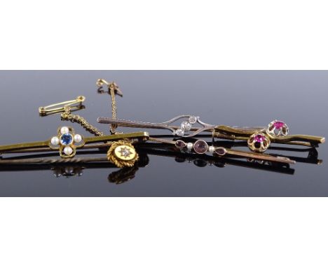 An 18ct gold diamond set bar brooch, 15ct gold sapphire and pearl bar brooch, 15ct diamond set stickpin, 9ct amethyst and pea