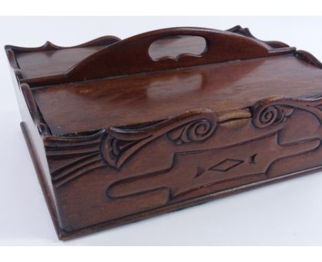 A Victorian rectangular mahogany housemaid's tray, with carved surround and 2 hinged lids, length 38cm 