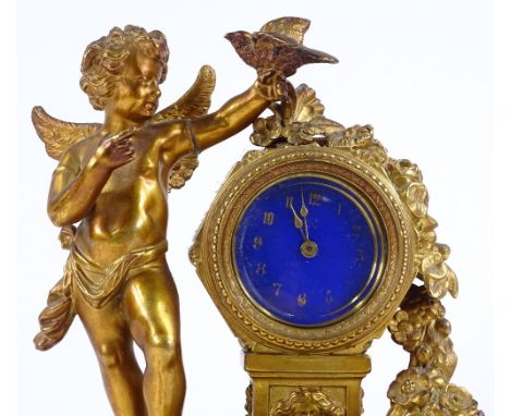 A 19th century French gilt-metal cased mantel clock, surmounted by a cherub holding a bird, blue enamel dial, and spring move