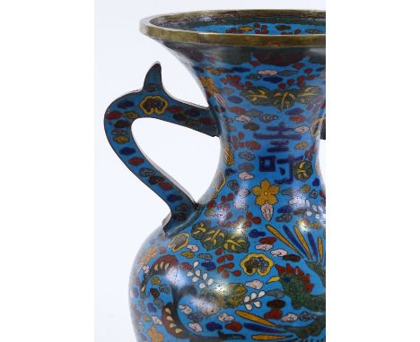 A Chinese cloisonne enamel 2-handled vase, height 30cm, rim diameter 15cm 