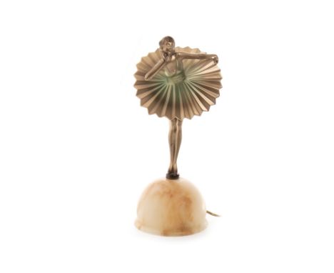 FIGURAL TABLE LAMP OF ART DECO DESIGN, modelled as a bronzed spelter ballerina, on a circular alabaster base, 39cm high