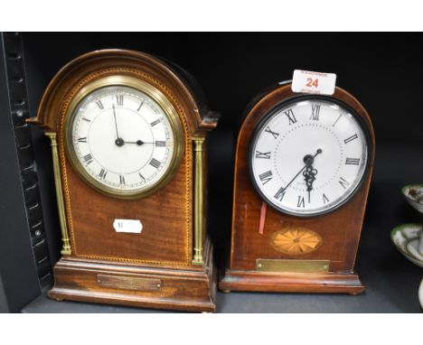 An early 20th century inlaid mahogany mantel clock with brass pillars, Arabic hours and applied presentation plaque, sold tog