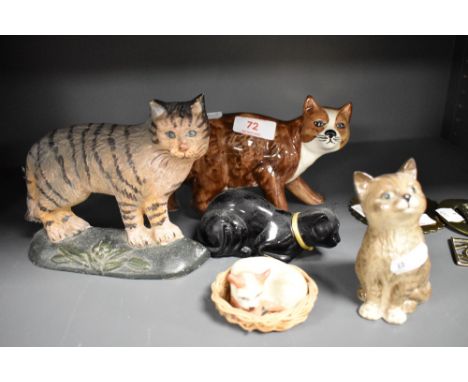 A Beswick Pottery kitten figure, black oval back stamp, sold together with a selection of other cat figures, to include Avon 