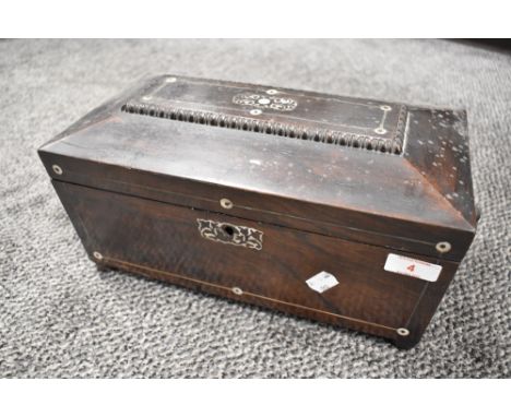 A late Victorian Mother-of-pearl inlaid rosewood tea caddy, of sarcophagus form with ring handles to each side, lacking glass