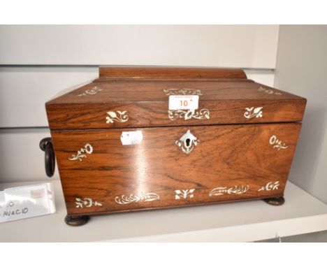 A Victorian Mother-of-Pearl inlaid rosewood sarcophagus form tea caddy, with turned ring handles to sides, lacking glass mixi