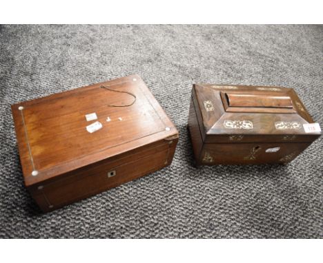 A Victorian Mother-of-Pearl inlaid rosewood tea caddy of sarcophagus form(interior vacant) together with a white metal strung