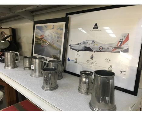 A signed limited edition red arrows print, a tucano print, a 4th squadron presidential tankard and other tankards.