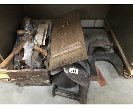 A wooden box and tools etc.