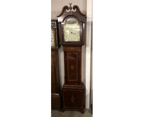 A mahogany inlaid 8 day long case clock with painted arched dial 'John Brown, Harleston'.