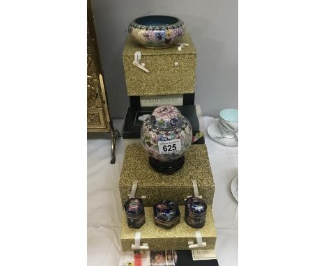 A boxed Cloissonne bowl, a ginger jar and set of 3 trinket boxes.