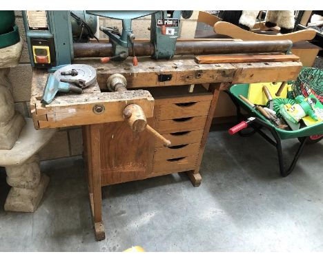 A vintage carpenters wood working bench.