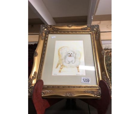 A gilt framed and glazed portrait of a dog on a chair entitled 'Holly' and signed K Fletcher.