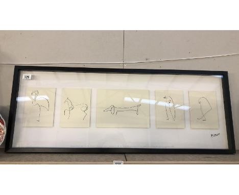 A framed and glazed print of single line animals by Picasso.