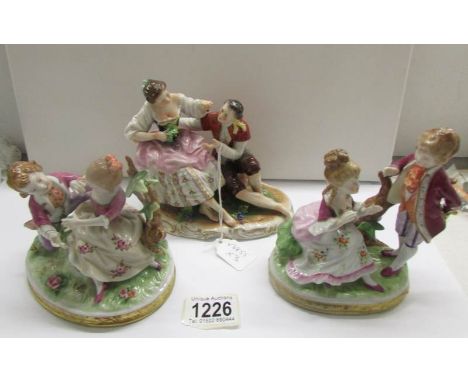 3 fine Regency Versaille continental porcelain figure groups, marked D R 1855.
