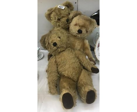 3 vintage teddy bears including 1 with bells in ears and a Chad Valley bear (a/f).