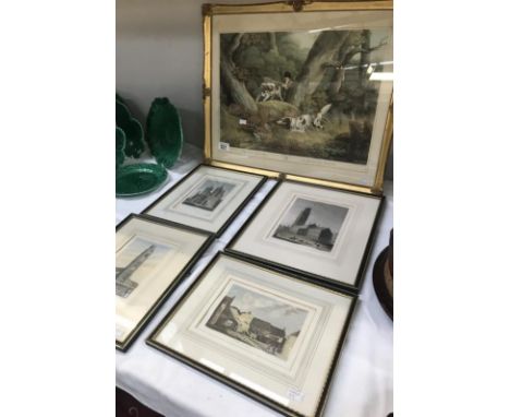 4 coloured engravings of Lincolnshire landmarks (1 no glazing) and a print 'Pheasant Shooting II'.