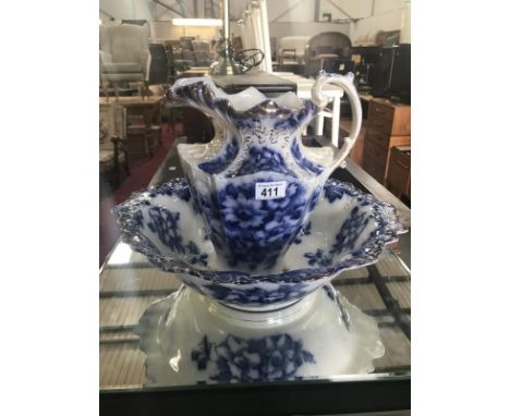 A Victorian blue and white wash basin and jug.