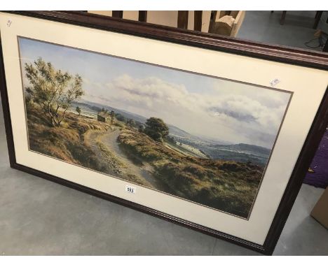 A framed &amp; glazed print of a hillside farm (original was by Rex N. Preston).