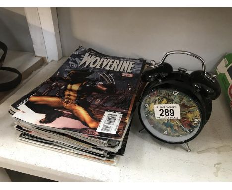 A quantity of Marvel magazines including Wolverine, Captain America and Hulk, plus a Marvel clock.