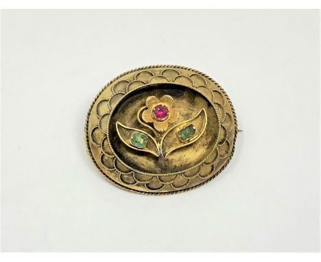 A 15ct gold ruby and emerald antique brooch, 9.4g.