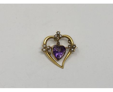 A 15ct gold heart shaped amethyst and pearl brooch