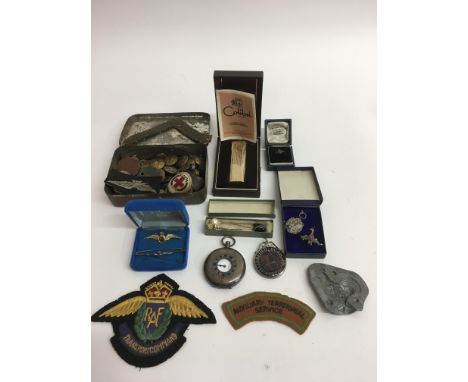 A silver cased pocket watch, Calibri lighter and RAF items