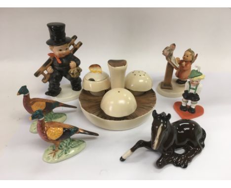 A small collection of china items comprising a Carltonware cruet set in the firm of mushrooms, two Beswick figures of pheasan