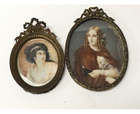 Two small framed portrait miniatures and a quantity of framed miniature prints.