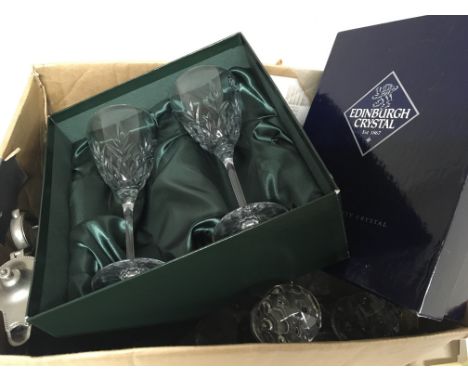 A box containing crystal glass including boxed Edinburgh crystal.