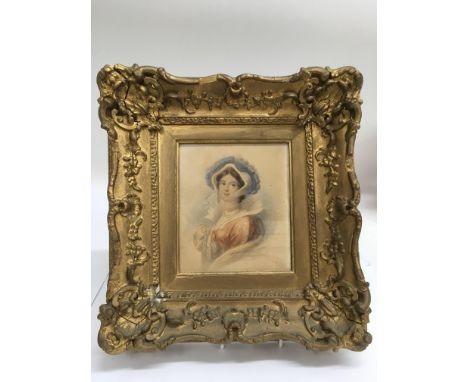 A gilt, framed watercolour portrait painting of a Regency lady. Approx 29x30.5cm