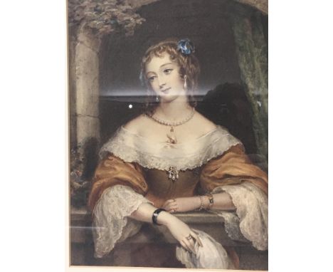 A framed 19th watercolour dipicting a Portrait Of a Lady in a stone arch in a gilt frame. Unatibutted.