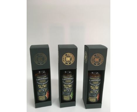 Three boxed bottles of 'Cadenheads Authentic Collection Scotch Whisky', comprising a green 'Speyside, aged 25 years' and two 
