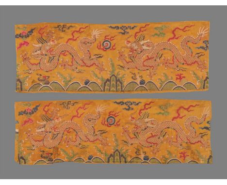 A pair of Chinese silk 'dragon' panels, 17th or early 18th century, possibly from chaofu skirt, four clawed mang dragons chas