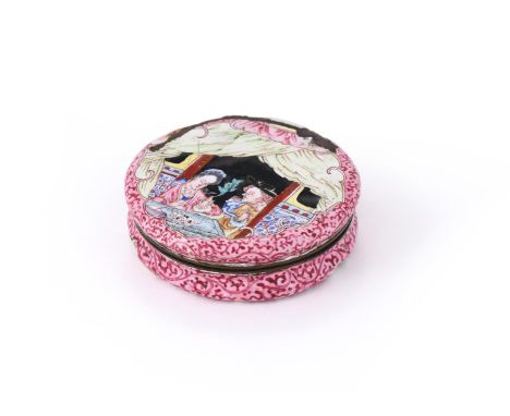 A Chinese canton enamel 'European subject' circular snuff box and cover, 18th century, of waisted designed, vividly enamelled