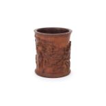 A Chinese carved huanghuali brush pot