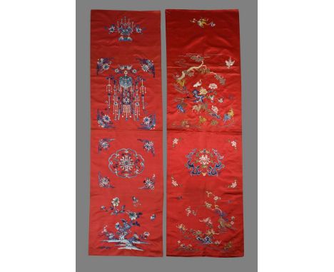 A Chinese red silk chair cover, Qing dynasty, 19th century, embroidered with nine deer below a pine tree with twin cranes, th