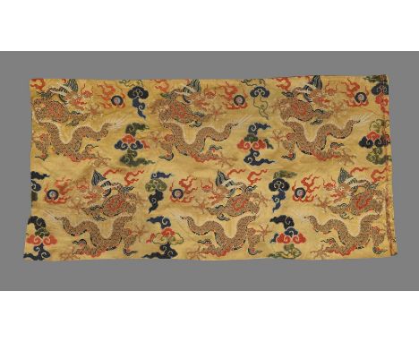 A Chinese yellow silk brocade 'Dragon' panel, Kangxi or Yongzheng, 18th century, with six lively five-clawed running dragons 