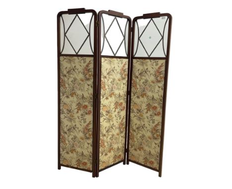 Edwardian inlaid mahogany three-fold screen, the cresting rail carved with linen garland over glazed panel and floral upholst