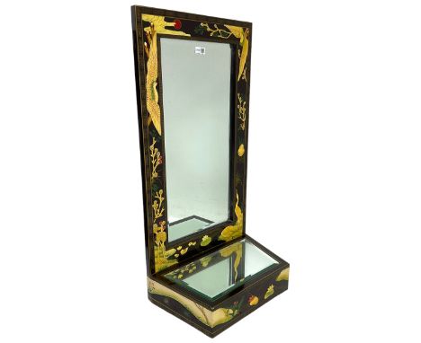 Chinoiserie design wall hanging mirror with shelf, the rectangular frame with raised decoration depicting birds and landscape