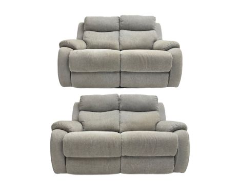 Pair of two-seat manual reclining sofas, upholstered in grey fabric with scatter cushionsDimensions: Height:&nbsp;100cm&nbsp;