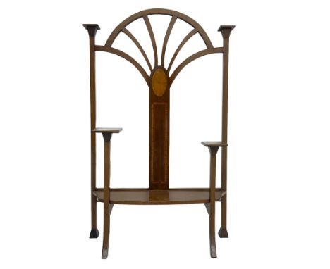 Edwardian inlaid mahogany fire screen, fanned top over oval fan inlay and satinwood bandDimensions:  Height: 85cm  Length/Wid