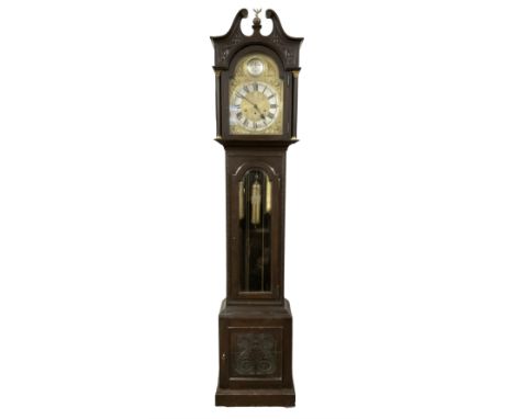 German - 8-day oak longcase clock c1910, with a carved case, swan necked pediment and fully glazed trunk door, brass dial wit